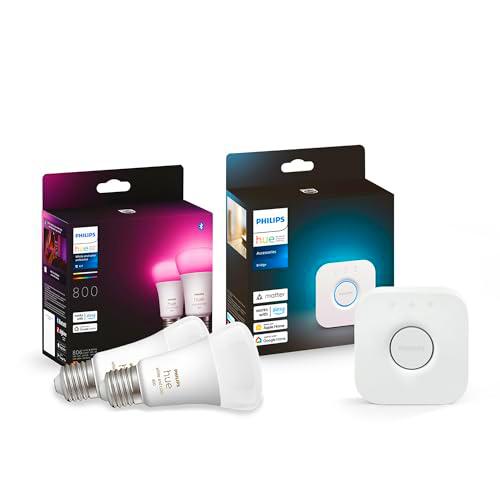 Philips Hue bombilla LED Inteligente White y color ambiance E27 2 Pack 800lm incluso Hue Bridge, Blanco
